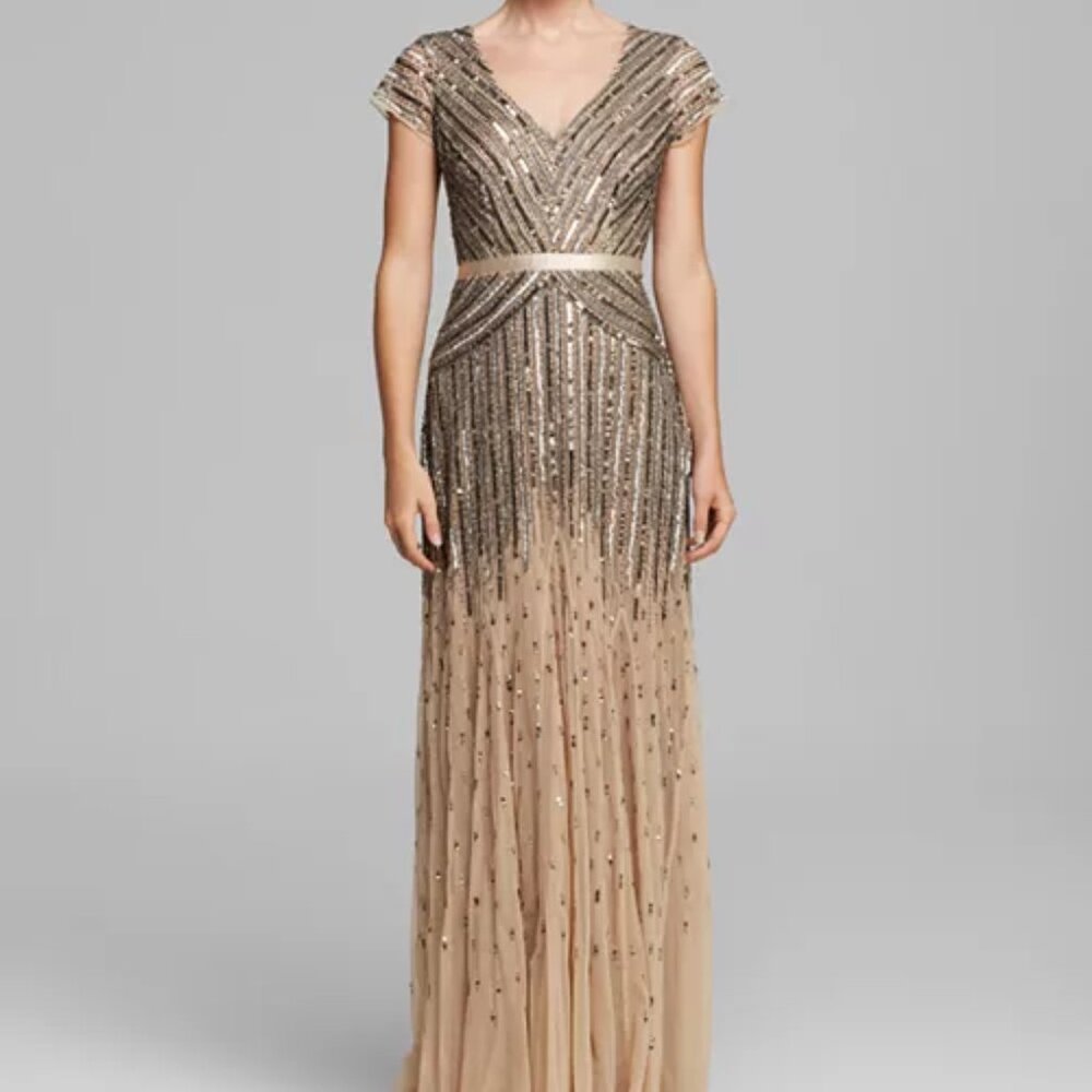 Petite Adrianna Papell V-Neck Beaded Cap Sleeve Ballgown Dress